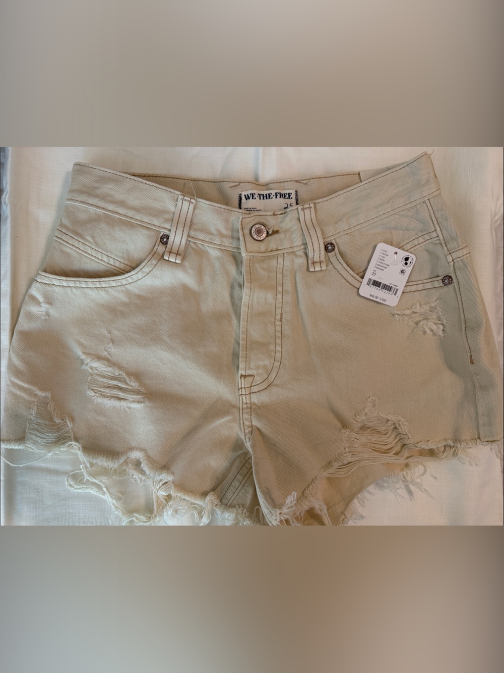 Free People Cream Distressed High-Rise Shorts. Brand New w/Tags! Size 25